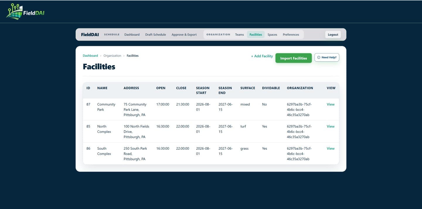 Facilities screenshot for the import data flow