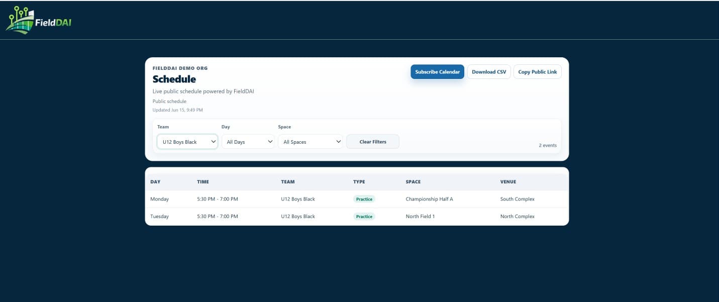 Single team public schedule screenshot for the sharing flow